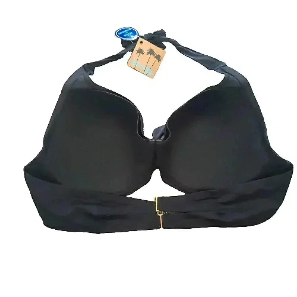 42 DD Swim Haltertop  Chic Black Gold Resort Pool Sexy Coastal Beach NWT